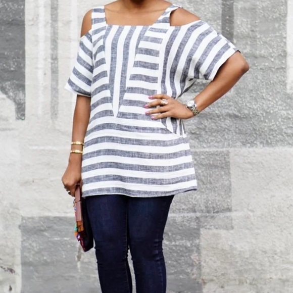 Soft Surroundings Striped Cold Shoulder Linen Tunic Top Petite XS Blue - Picture 3 of 10